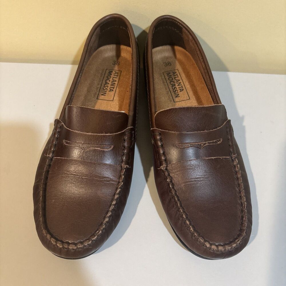 Atlanta Moccasin Brown Leather‎ Loafers,Handmade in Portugal,Size 38/Women's 7.5